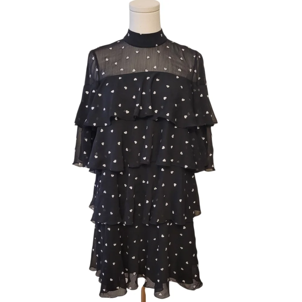 Kate‎ Spade Black Chiffon Heart Print Dress Size 2